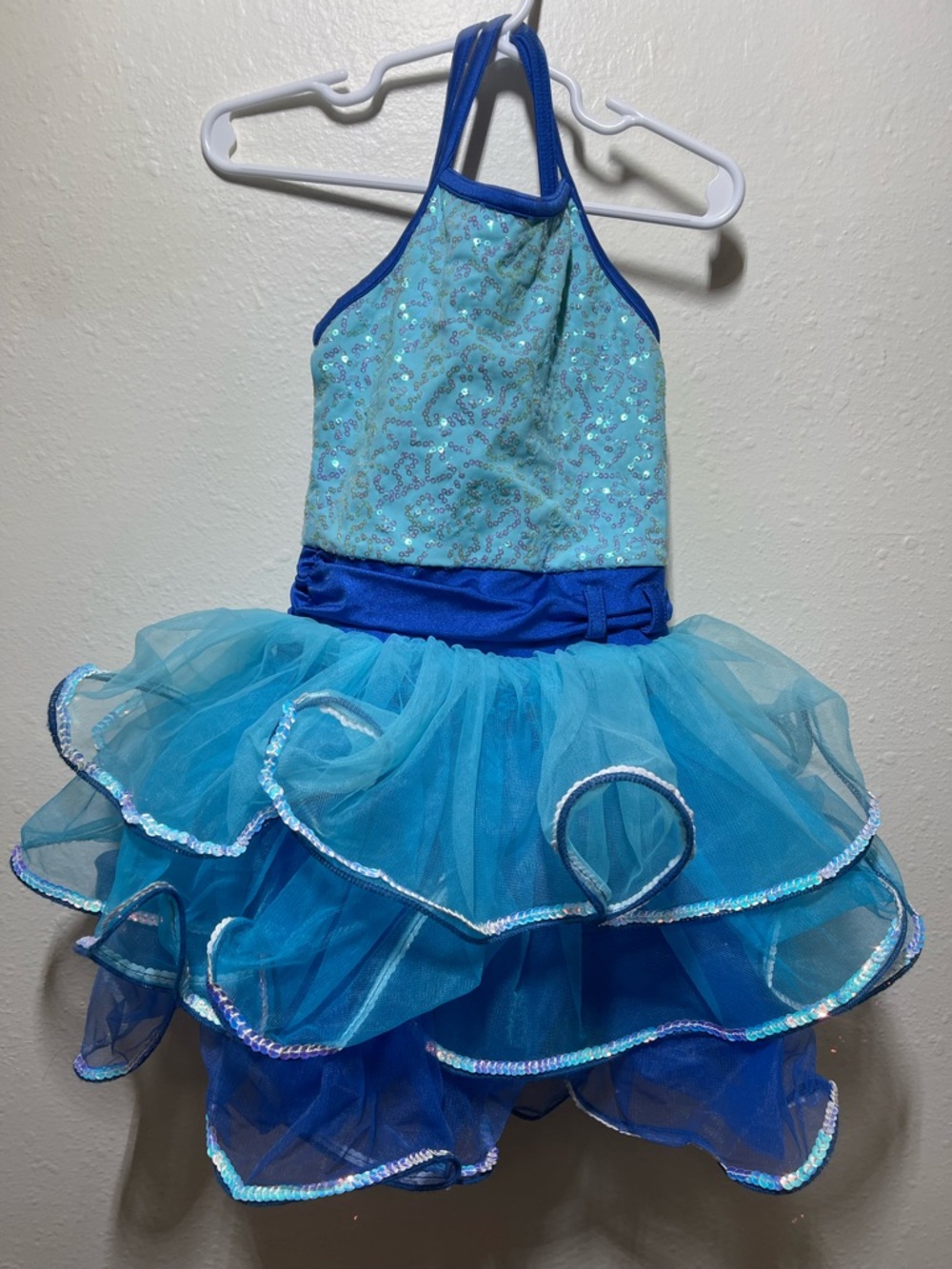 Weissman Aqua and Royal Blue Sequin Halter Tulle Dance Costume